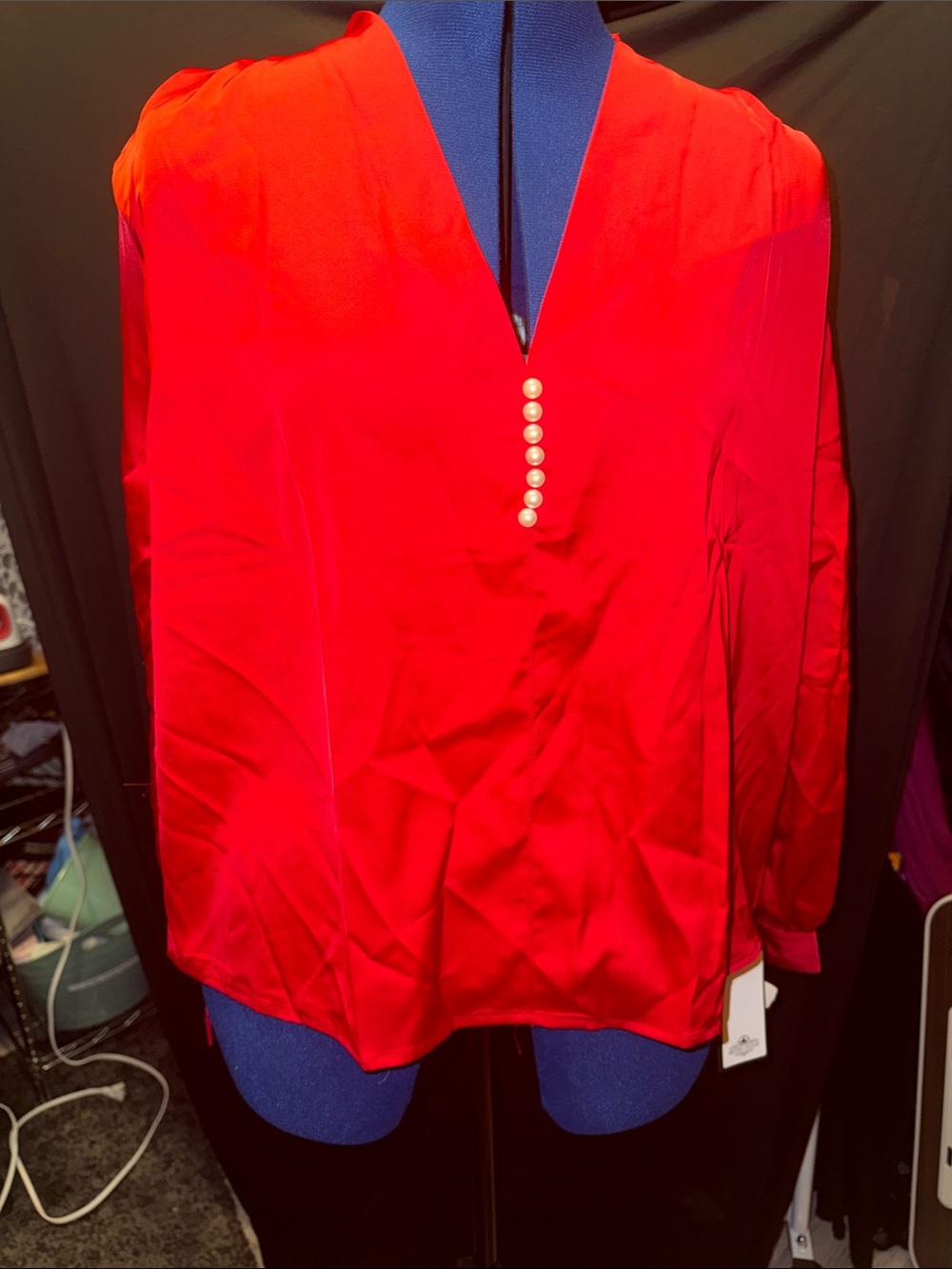 V-Neck Red Blouse with Pearl Button Detail